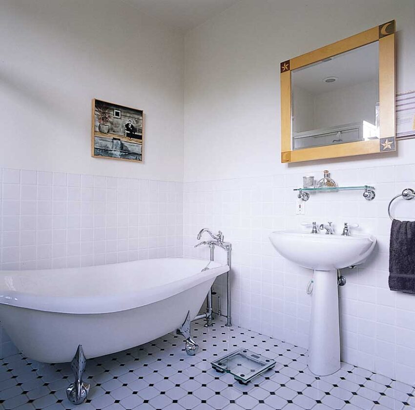 A reproduction bathtub provides romantic relief to the hard edges and